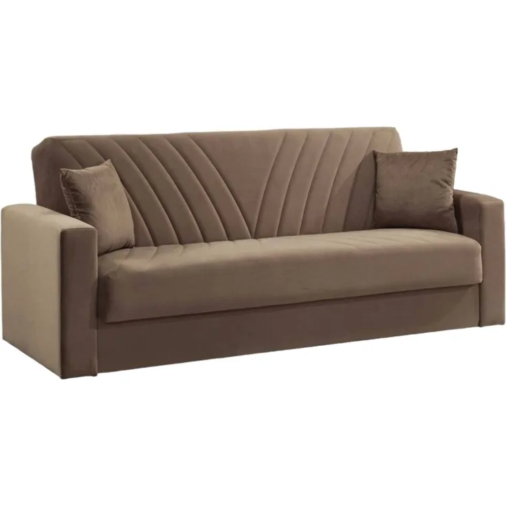Dmora 3-Sitzer Schlafsofa Adda, lineares Containersofa mit 2 Kissen, Wohnzimmersofa aus Stoff mit Klick-Klack-Öffnung, 214 x 81 x 89 cm, Beige