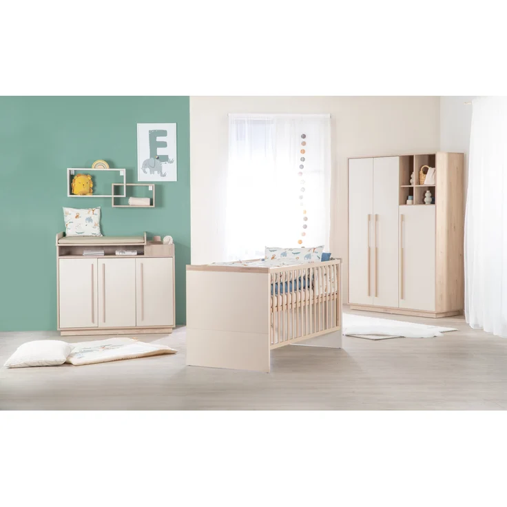 roba Kinderkleiderschrank Elva 3-türig mit offenen Fächern - Babyzimmer Schrank mit 2 Kleiderstangen & Einlegeböden - Schrank mit Soft-Close-Türen - Cashmere / Virginia Chestnut – Bild 4