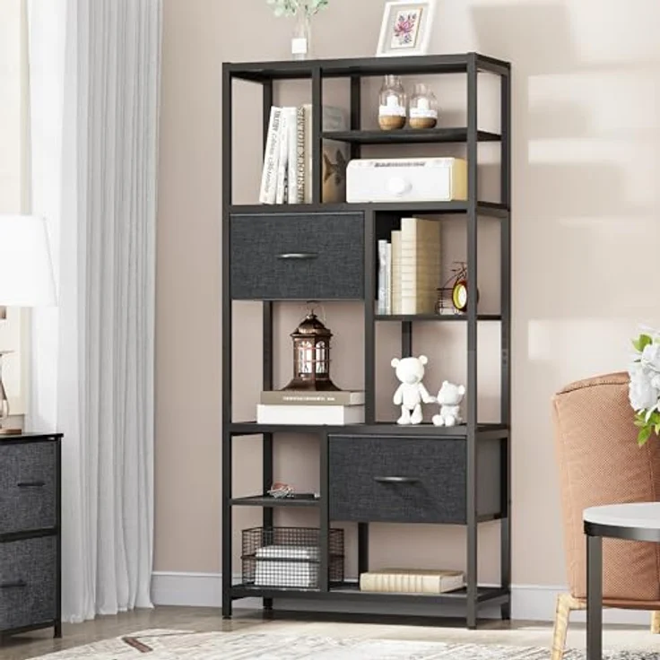 YITAHOME Bücherregal mit Schubladen, 7-stöckiges Standregal mit Stahlrahmen, Bodenstehendes Lagerregal, Industrieregal Aufbewahrungsregal, für Wohnzimmer, Büro, Flur, Küche, Schwarz Regal – Bild 4