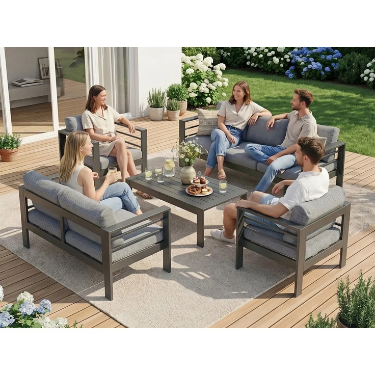 MeXo Gartenlounge-Set Terrassenmöbel Set 8-10 Personen Aluminium outdoor wetterfest, (Belastbarkeit pro Sitzplatz 140kg, 7-tlg, 12cm Deluxe Relax-Sitzkissen), Gartenmöbel Set für Außenbereich, Terrasse, Balkon und Garten – Bild 4