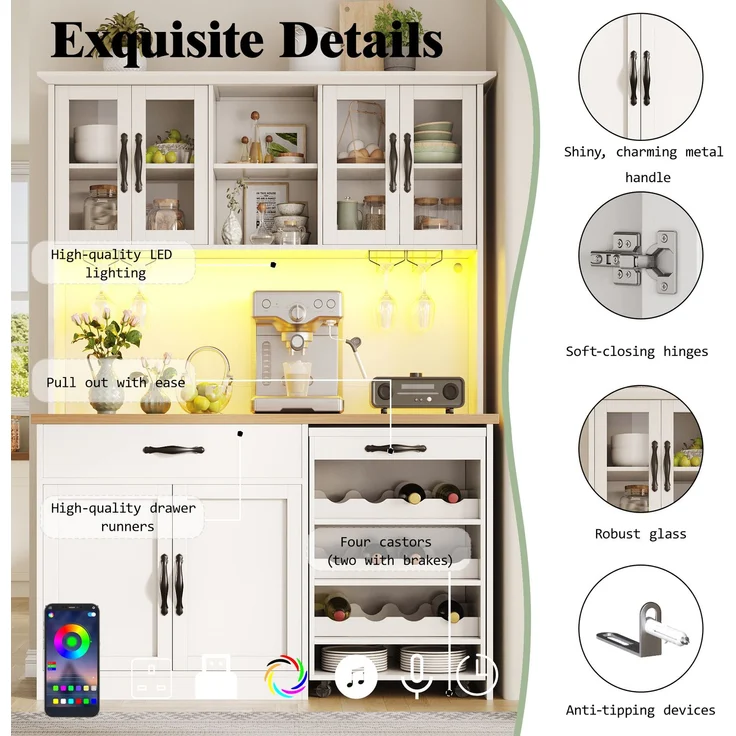 TavilaEcon Küchenbuffet 140cm Küchenschrank mit Rollwagen und LED-Beleuchtung weiß 180 × 38 × 140 cm (H × T × B) – Bild 6