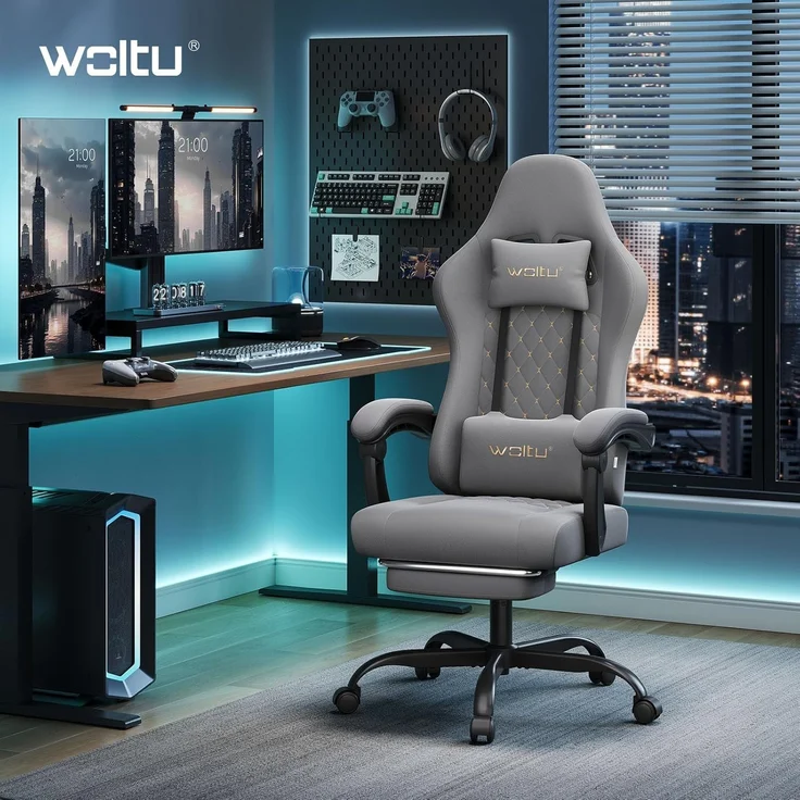 WOLTU Gaming Stuhl mit Massagefunktion, Computerstuhl mit Taschenfederkissen, Gamer Sessel ergonomisch, Drehstuhl mit Kopfkissen, Lendenkissen, Fußstütze, 150 kg, Netzstoff, Grau + Gelb, GS08gr – Bild 2