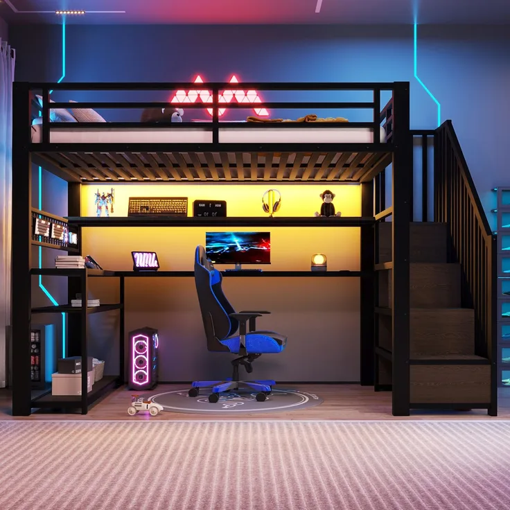 U-life Metall-Gaming-Hochbett, Etagenbett, Loftbett, 90x200 cm, für Jugendzimmer, Studenten, kleine Räume, mit LED, Kleiderschrank, Schreibtisch, Stauraum, Treppe, Metall + MDF, modern, platzsparend, Schwarz