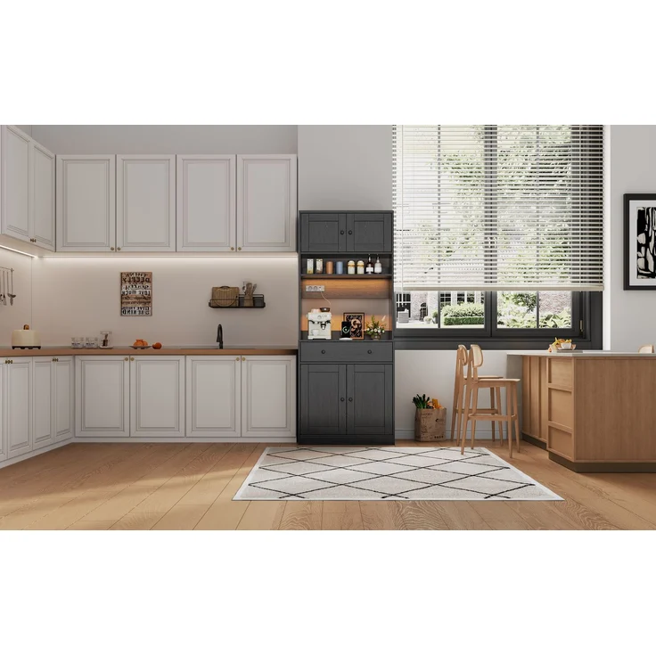 U-life Küchenschrank, fürs Wohnzimmer, Hochschrank mit LED, Küchenregal mit Steckdose, Gewürzregal, Durchdachtes Stauraumkonzept, MDF, Schwarz – Bild 3