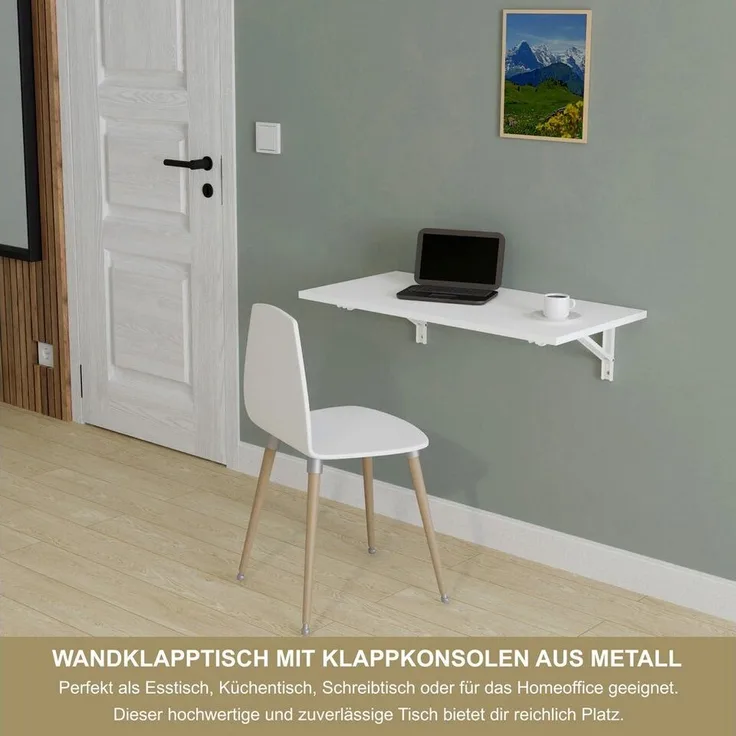 Wandklapptisch Schreibtisch Tischplatte 80x40 cm in Weiß Klapptisch Esstisch Küchentisch für die Wand Bartisch Stehtisch Wandtisch Tisch klappbar zur Wandmontage im Büro Küche
