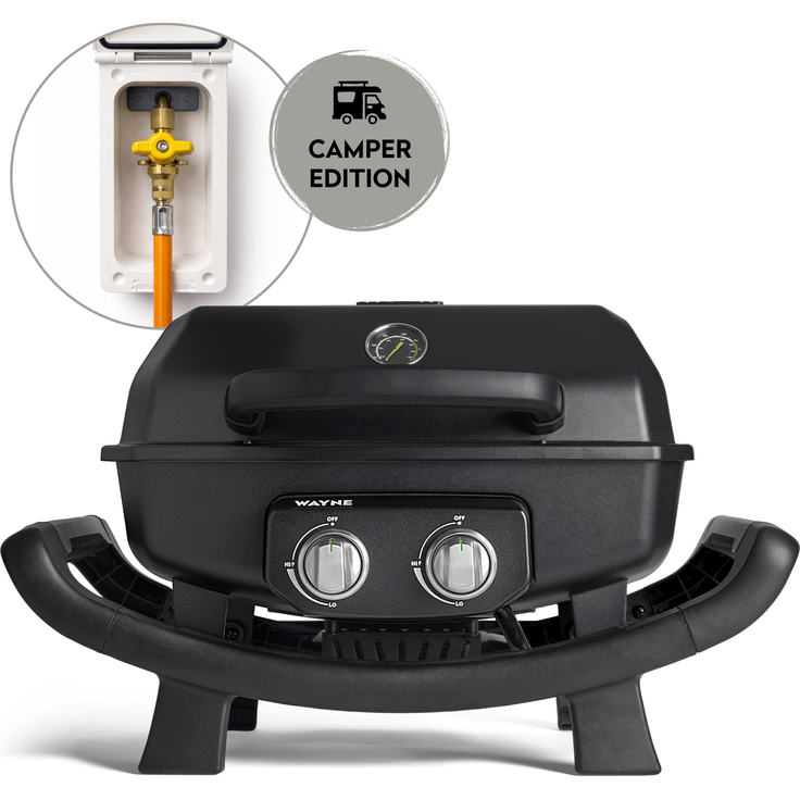 BURNHARD® WAYNE 2-Brenner Balkongrill – Tragbarer Gasgrill mit 4,4 kW, 2 Grillzonen, bis 390 °C, Gusseisenroste & Abdeckhaube - Camper Edition - Multi-Color - #946919 – Bild 2