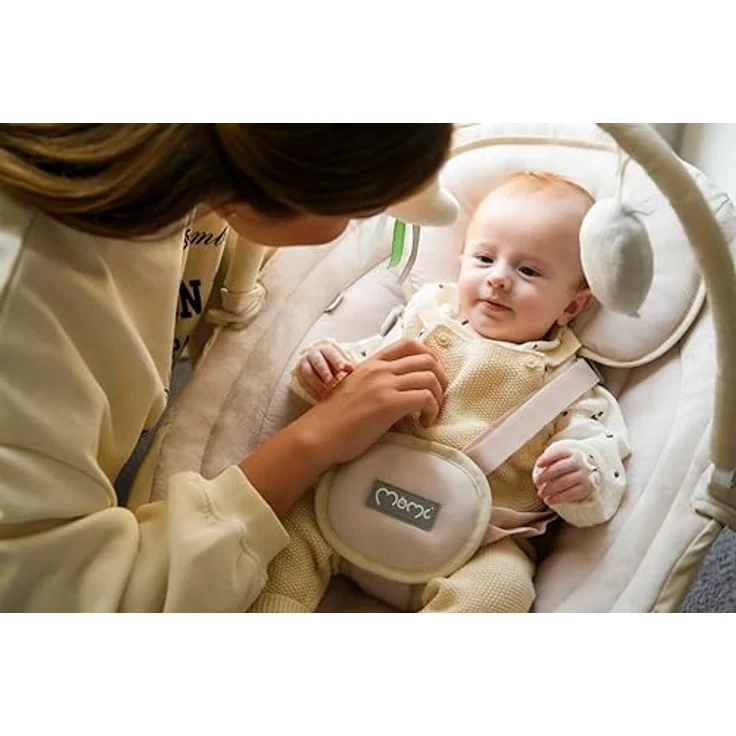 MoMi KENANI SAND Babywippe für Babys bis 9 kg, mit LED-Display, Fernbedienung & Bluetooth für Smartphone, Batterie- oder Stromanschluss, mit 5-Punkt-Sicherheitsgurt, Bügel und Spielzeug – Bild 15