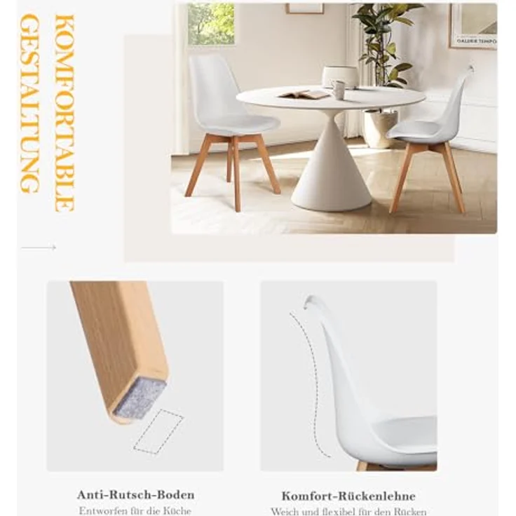 Sweetrcrispy Esszimmerstühle 4er Set, Mid-Century Modern, PU-Leder Polsterstühle mit Holzbeinen, Küchen- & Esszimmer, Weiß – Bild 6