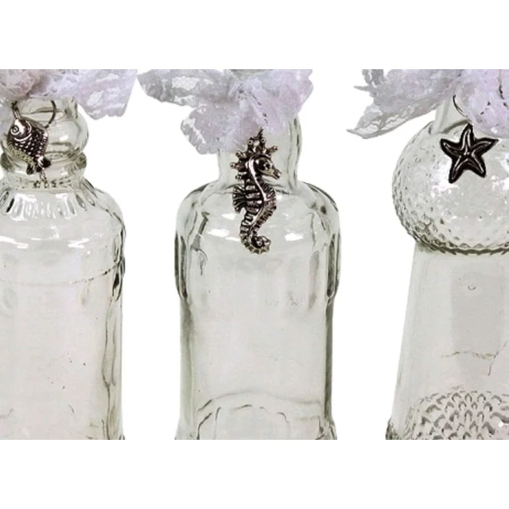 3er Set Glas Flaschen H=17 cm maritim silber Anhänger Vasen Spitzenband Deko – Bild 2