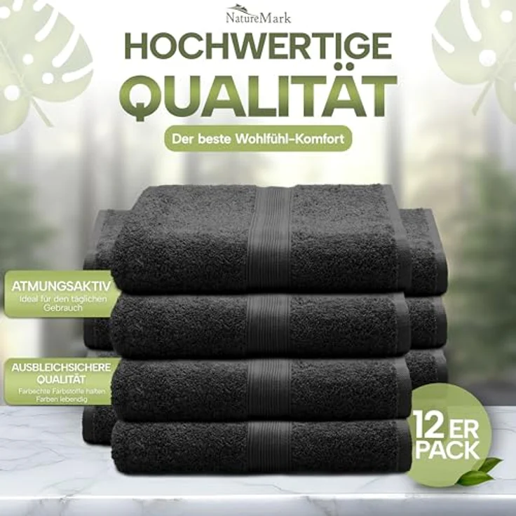 NatureMark 12er Pack Gästetücher Premium Qualität 30x50 cm GÄSTEHANDTUCH Frottiertuch-Set 100% Baumwolle Farbe: Schwarz – Bild 4