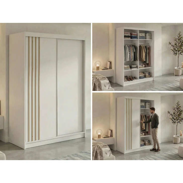 Schwebetürenschrank NAURU mit Lamellen-Optik, moderner Kleiderschrank, Breite 150 cm, inkl. Innenausstattung & Stauraum, Akustikpaneel-Design - Weiß und Aristan-Eiche – Bild 2