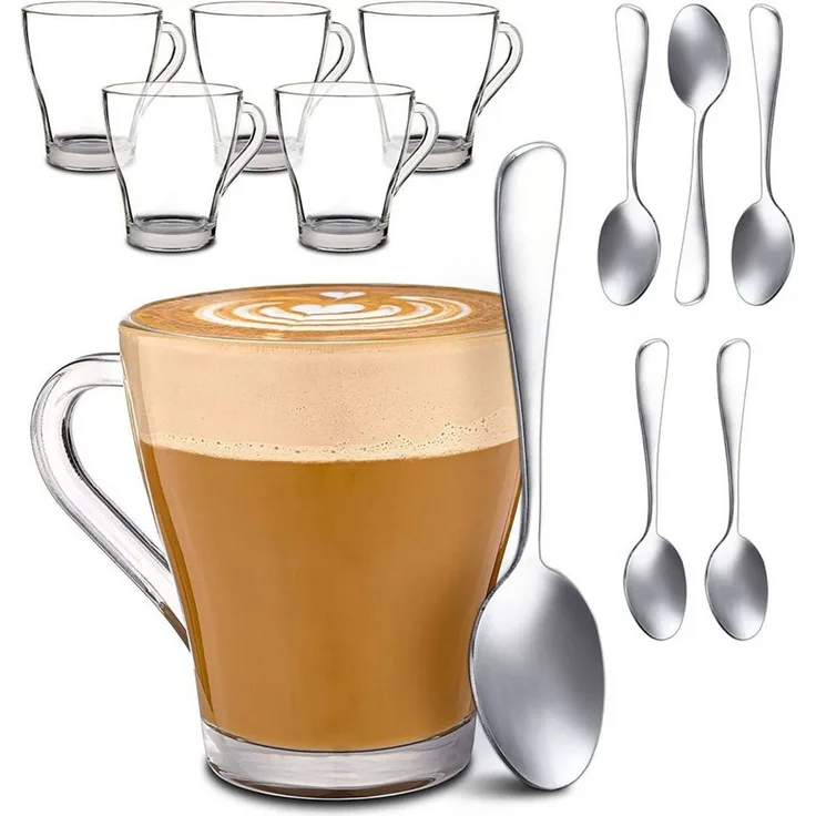 Cosumy Gläser-Set 6 Cappuccino Gläser mit Henkel und Löffel - 250ml - Hält lange warm, 12-tlg, Glas, Cappuccino Gläser Set mit Henkel und Löffel - 250 ml - Hält lange warm