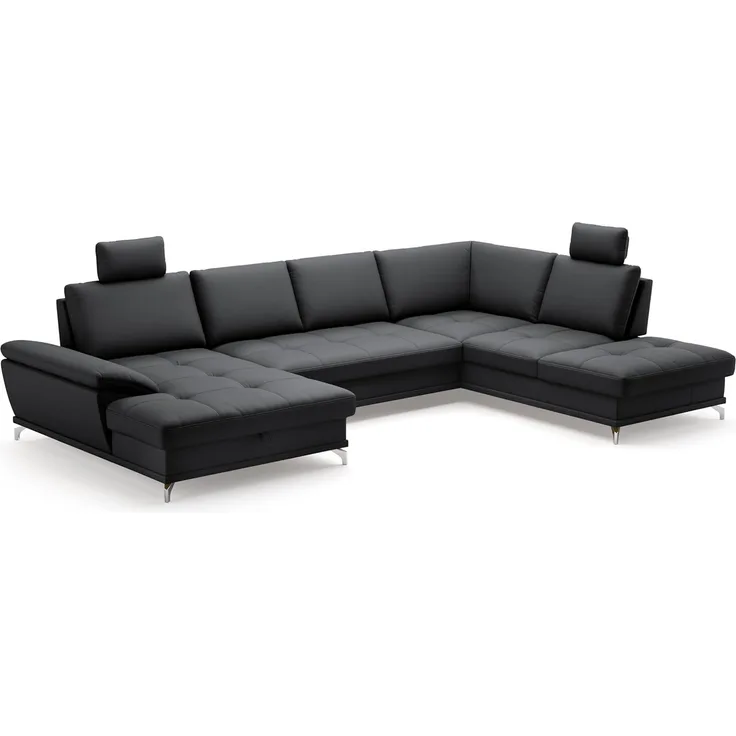 Cavadore Wohnlandschaft Castiel mit Federkern / Sofalandschaft mit XL-Longchair, Sitztiefenverstellung, Kopfstützen und satinierten Metallfüßen / 363x89-104x223 / Echtleder, Schwarz