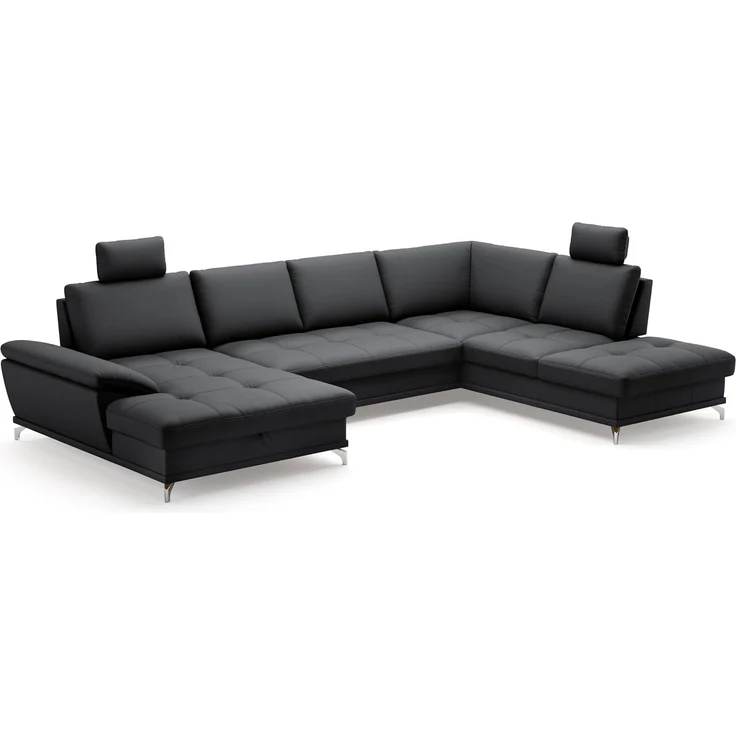 Cavadore Wohnlandschaft Castiel mit Federkern / Sofalandschaft mit XL-Longchair, Sitztiefenverstellung, Kopfstützen und satinierten Metallfüßen / 363x89-104x223 / Echtleder, Schwarz – Bild 1