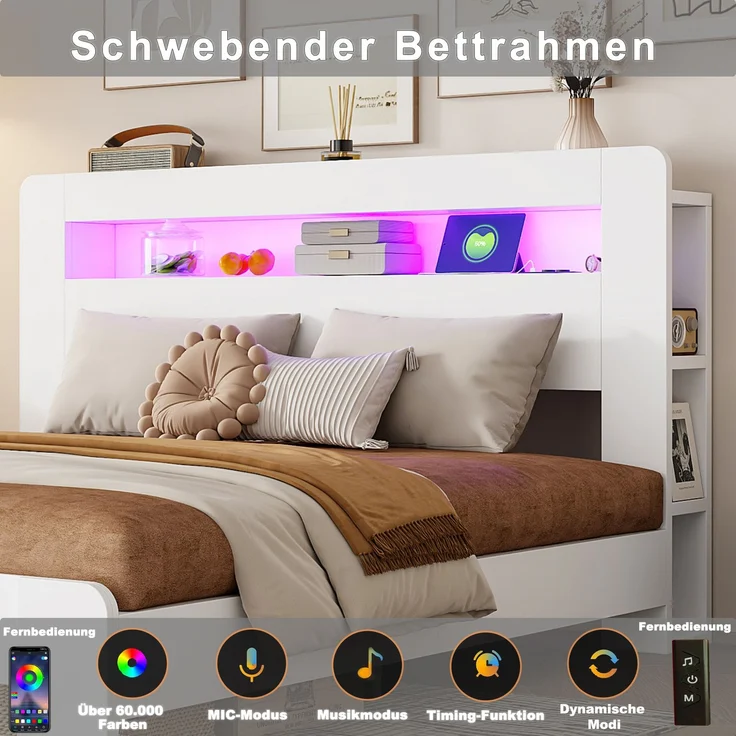 Bettgestell mit Stauraum aus Holz, hydraulischem Hubsystem, LED-Kopfteil, integrierten Steckdosen und Staufächern, modernes Plattformbett in Weiß 140*200 – Bild 5