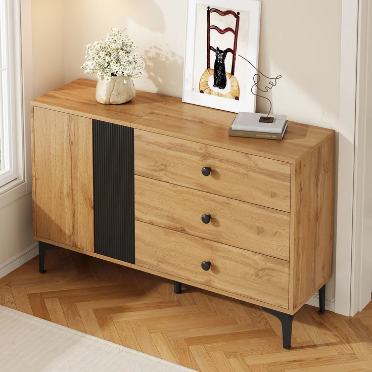 Sideboard aus Spanplatte mit Tür & 3 Schubladen, 120x35x76 cm, Natur/Schwarz – Bild 3