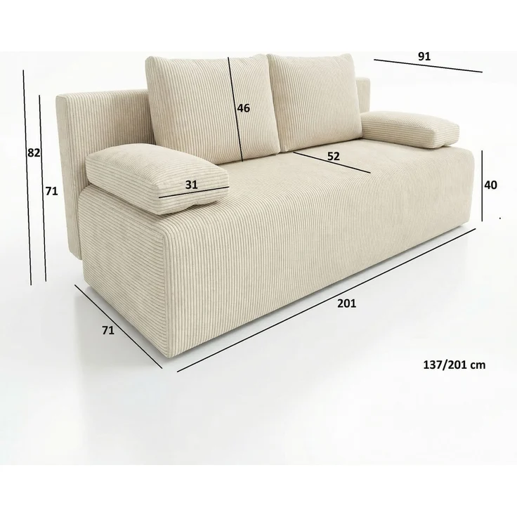 Wohnero 24 Zaya Premium Schlafsofa 201x91 cm mit Bettkasten & DL-Automatik – 201x137 cm Liegefläche, 3-Sitzer Sofa mit Schlaffunktion - Creme – Bild 8