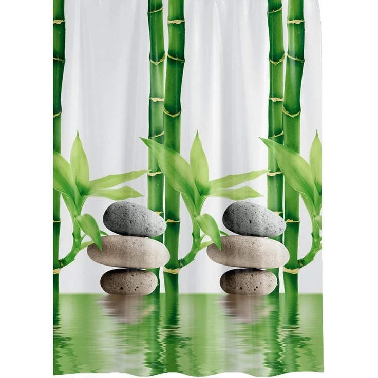Ekershop Duschvorhang Textil "Bambus mit Stein" Grün Weiß für Duschstange Breite 120 cm, Höhe 200 cm, wasserabweisend, inkl. Ringe, waschbar, bügelbar – Bild 5