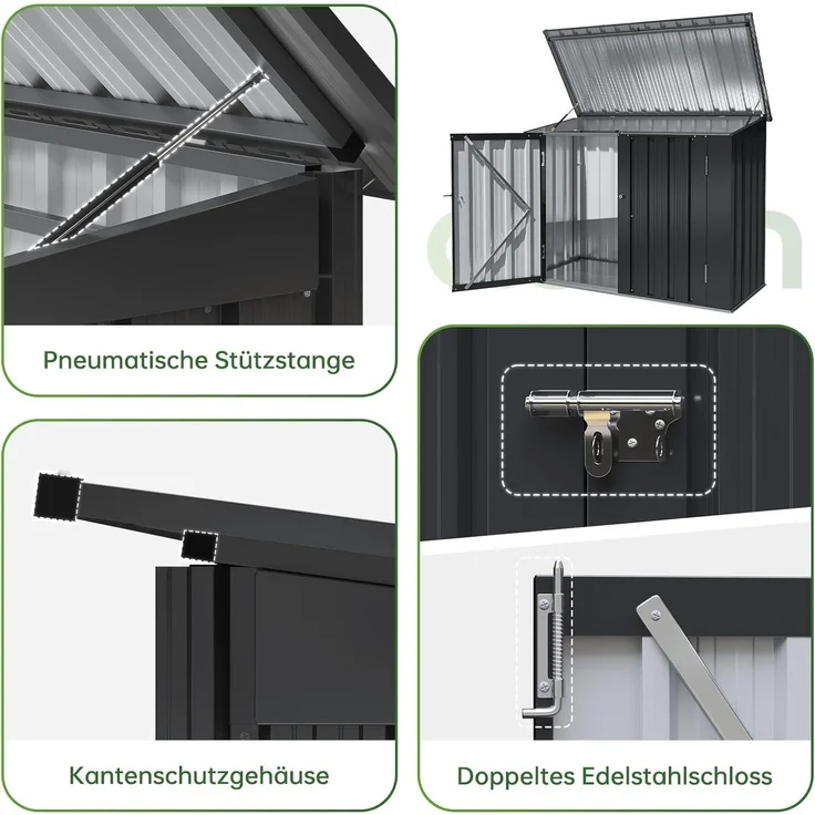 Aoxun Metallschuppen 122x63x94cm, öffnbare Vorder & Obertüren, Geräteschrank für Garten, Garage & Rasen, wetterbeständig, Schwarz – Bild 3