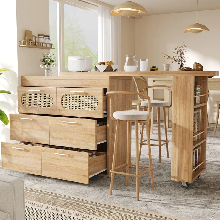 Bartisch mit 6 Schubladen & PE Rattan Türen, 360° drehbarer Stehtisch mit Kippsicherung, viel Stauraum, Metallgriffe, Bistrotisch für Wohnzimmer, Küche, Esszimmer, Arbeitsbereich--Natürlich--140x46.99x14cm--YOUDENOVA – Bild 2