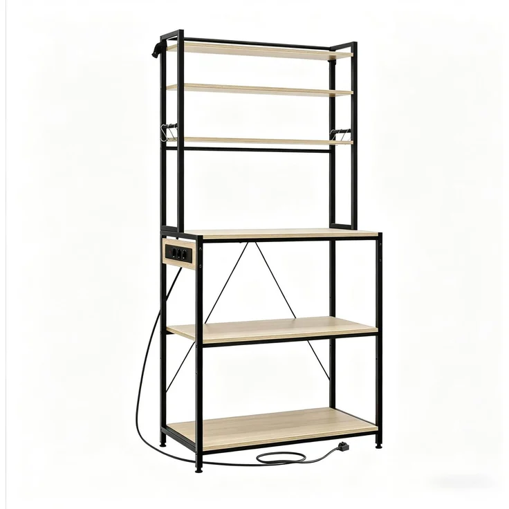 DESVIAE Regal mit Steckdosen und 6 offenen Fächern 80x167x40 cm Metall Spanplatte Lichteiche Helle Eiche – Bild 6