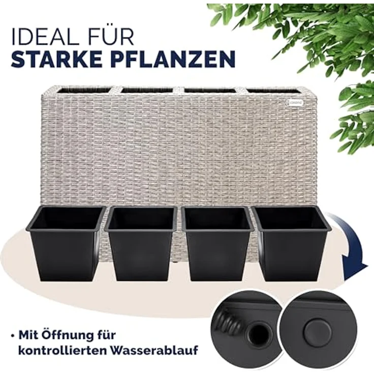 Casaria Pflanzkübel, 4 Innentöpfe Herausnehmbar Polyrattan 95x27x60cm Blumentopf Creme – Bild 6