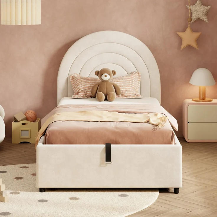 Kinderbett mit Stauraum und Kopfteil, 90x200 cm, Polsterbett mit Lattenrost, Einzelbett, Samt – Bild 2
