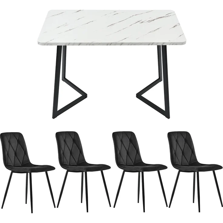 Essgruppe 5-teilig mit Esstisch 117×68 cm in Marmoroptik und 4 schwarzen Samtstühlen, moderner Küchentisch-Stuhl Set – Bild 3