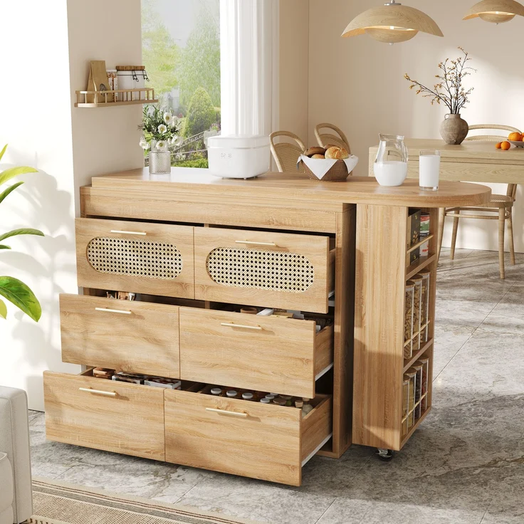 Bartisch mit 6 Schubladen & PE Rattan Türen, 360° drehbarer Stehtisch mit Kippsicherung, viel Stauraum, Metallgriffe, Bistrotisch für Wohnzimmer, Küche, Esszimmer, Arbeitsbereich--Natürlich--140x46.99x14cm--YOUDENOVA – Bild 3