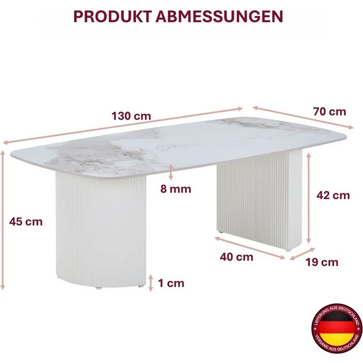HOOZ Wohnzimmertisch Couchtisch Set 130x70 cm Weiß – moderner Sofatisch, Keramik (Einzelprodukt, 1× Couchtisch), Keramik-Tischplatte, Travertin-Optik (marmoriert), pflegeleicht – Bild 4