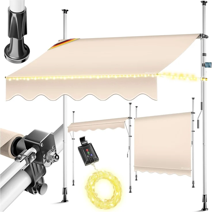 KESSER® Klemmmarkise mit Handkurbel & LED Lichterkette | Balkonmarkise ohne Bohren | Markise UV-beständig höhenverstellbar & wasserabweisend | Sonnenschutz für Balkon Terrasse & Garten Beige, 300cm – Bild 1