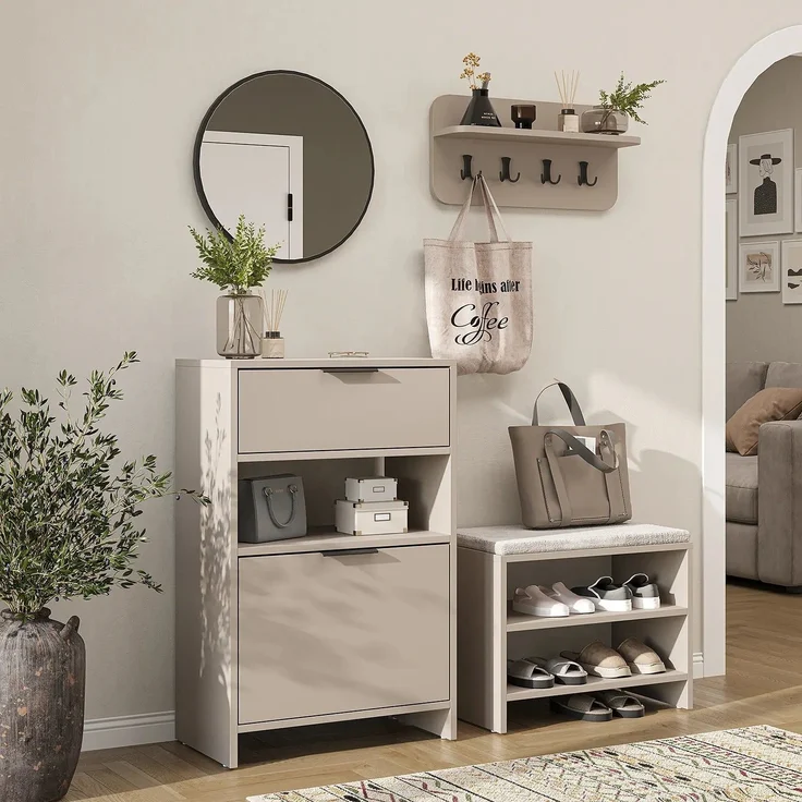 Roomart LENA Garderobenset 4-teilig – Schuhschrank, Sitzbank, Wandgarderobe & runder Spiegel – kompakte Flurgarderobe 120 cm – H 95 x B 60 x T 37 cm (Schuhschrank) • Beige – Bild 3