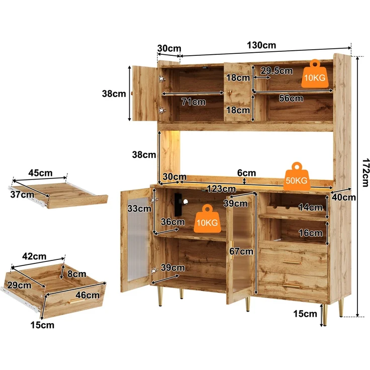 Küchenschrank 130 x 40 x 172 cm in Natur mit RGB-LED-Beleuchtung und ausziehbaren Einlegeböden – Bild 4