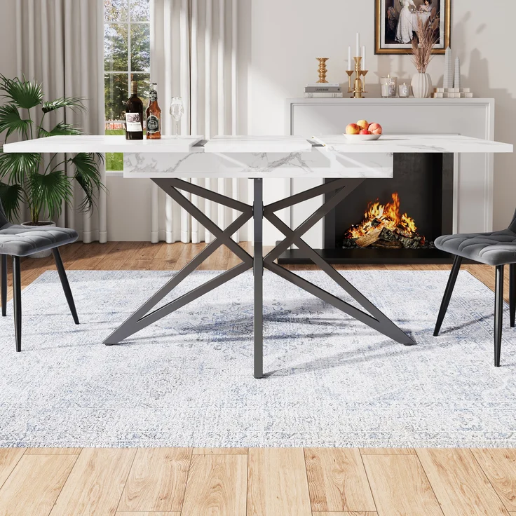 Ausziehbarer Esstisch 120/160x80x66,1 cm, weiß, mit sternförmigen Metallbeinen & Marmoroptik – Bild 1