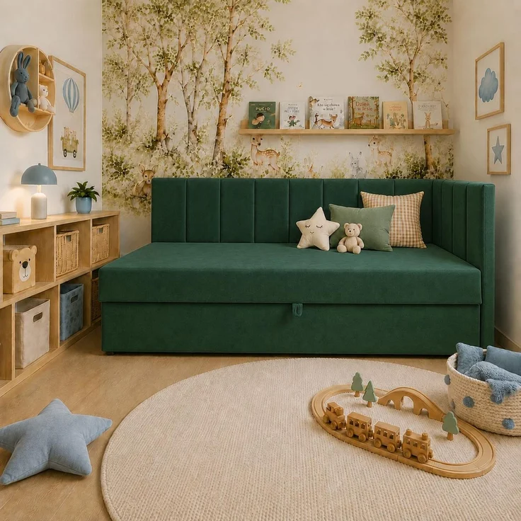 KRISAN MÖBEL Polsterbett TEDY in Gruen 90 x 200 cm mit Bettkasten, gepolstertem Kopfteil und praktischem Stauraum, modernes Einzelbett für Kinder- und Jugendzimmer Grün – Bild 3