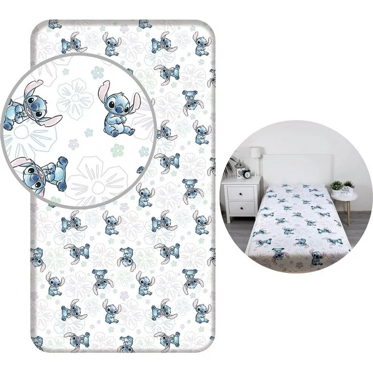 Sarcia. eu Kinderbettwäsche DISNEY Stitch Kindelaken mit Gummizug 100% Baumwolle 90x200cm+25cm