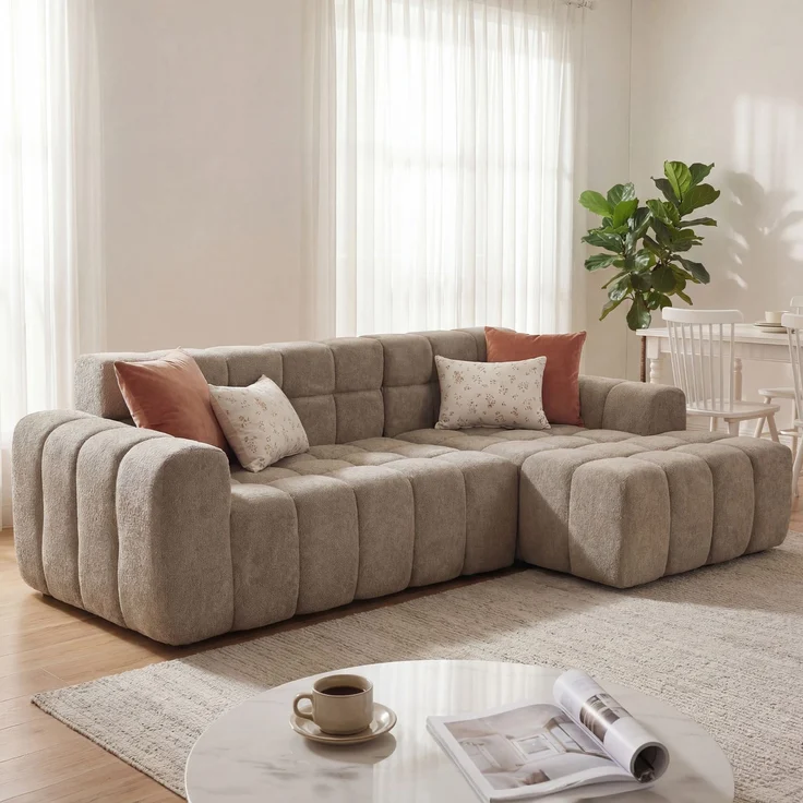 L-förmiges modulares Sofa aus Regen-Velours 250x125x60 cm in Khaki mit Kaltschaum – Bild 1