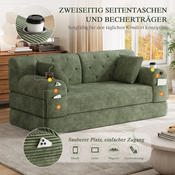 TavilaEcon 2-Sitzer Schlafsofa, komprimiertes Cord Sofa mit hoher Rückenlehne grün 81 × 80 × 168 cm (H × T × B) – Bild 5
