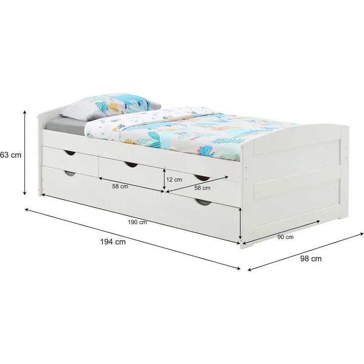 IDIMEX Funktionsbett JESSY, Bett mit Stauraum Jugendbett mit 3 Schubladen Ausziehbett Kiefer 90x19