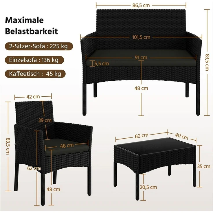 Yaheetech Balkonset Gartenmöbel-Set, 4-er Set Rattanmöbel Gartenlounge-Set für 4 Personen, Rattan Schwarz – Bild 4