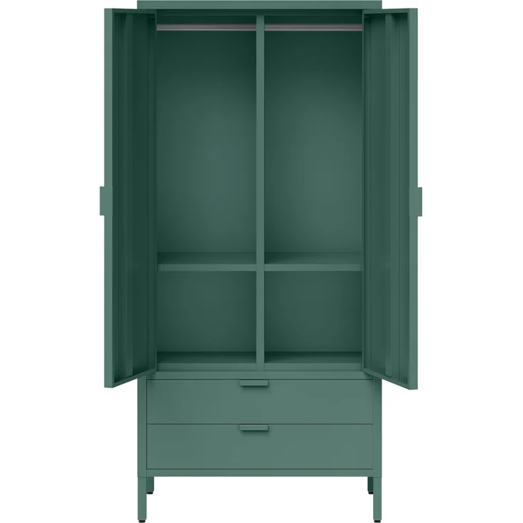 skølm 'Ituri' Kleiderschrank mit 2 Schubladen, Metall, 170x45x80 cm, dunkelgrün, Garderobe mit 4 Fächern und 2 Kleiderstangen – Bild 11