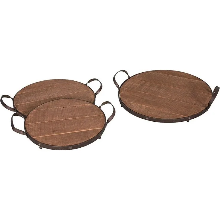 Antic Line 3er Set Tabletts Ø36,5cm, Ø32cm, Ø26,5cm aus Metall-Holz SEB15403