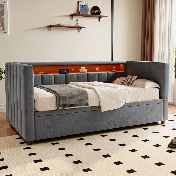 EINHOM Multifunktionales Schlafsofa 90 x 190 cm mit Ausziehbarem Bett, USB-Typ-C-Anschluss, LED-Ambiente, Samtbezug & Stauraum, Stilvolles Design für Wohnzimmer, Gästezimmer oder Jugendzimmer. Gray (Ohne Matratze) – Bild 3