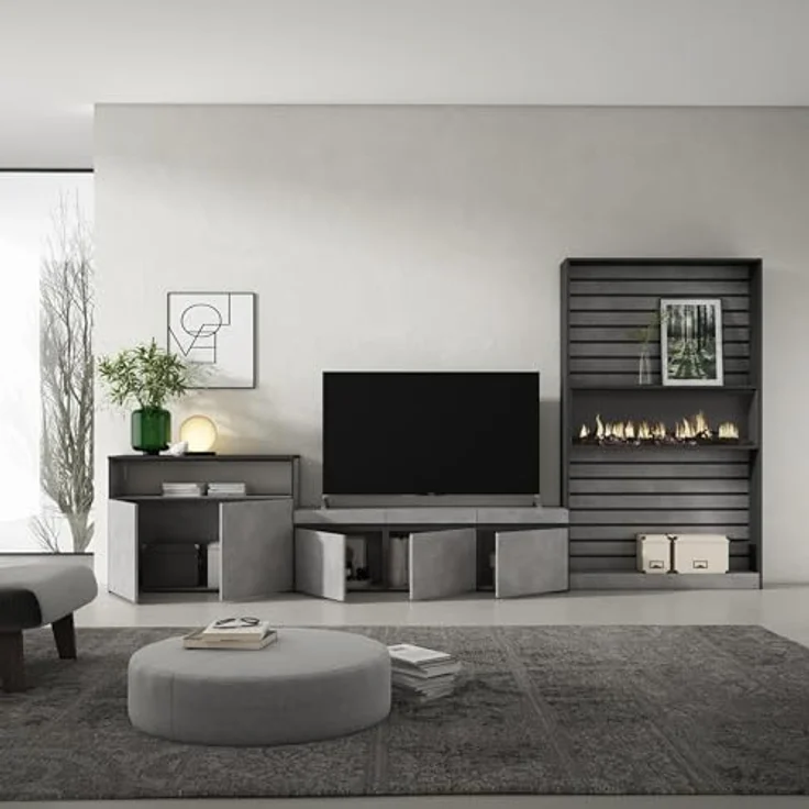 Skraut Home | Wohnwand Wohnzimmer | Wohnzimmermöbel, Möbelset | 360x186x35cm | Für TV-Geräte bis zu 65" | Elektrokamin | Moderner Stil | Zement – Bild 4