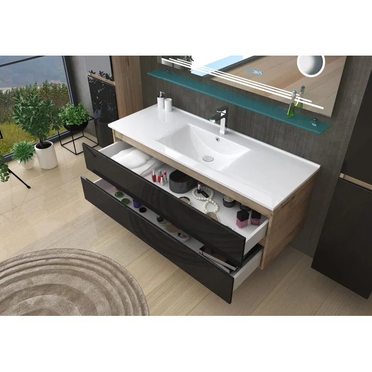 Homeline Badmöbel Set Eiche/Schwarz Kaiser Hochglanz 120 cm Spiegel incl LED (120, 4, Ohne Seitenschränke) – Bild 2