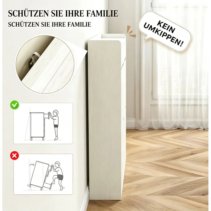 Schuhschrank mit 4 Klappfächern & 2 Schiebetüren, 98x19,2x95,3 cm, Weiß – Bild 7