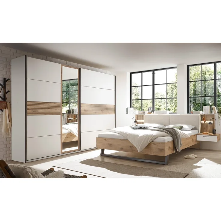 Schlafzimmer-Set >Daria< (2-teilig) Kleiderschrank mit Spiegel, Doppelbett, Viking Oak / weiss