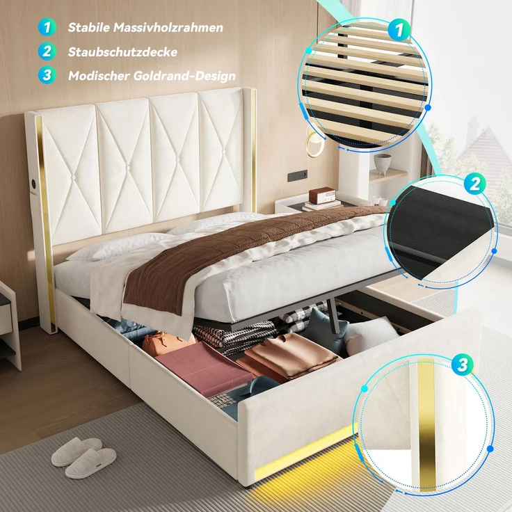 LVHOM Polsterbett mit Stauraum, Doppelbett mit LED, USB-Anschlüsse und Seitentaschen, Funktionbett, 160x200 cm, Beige – Bild 6