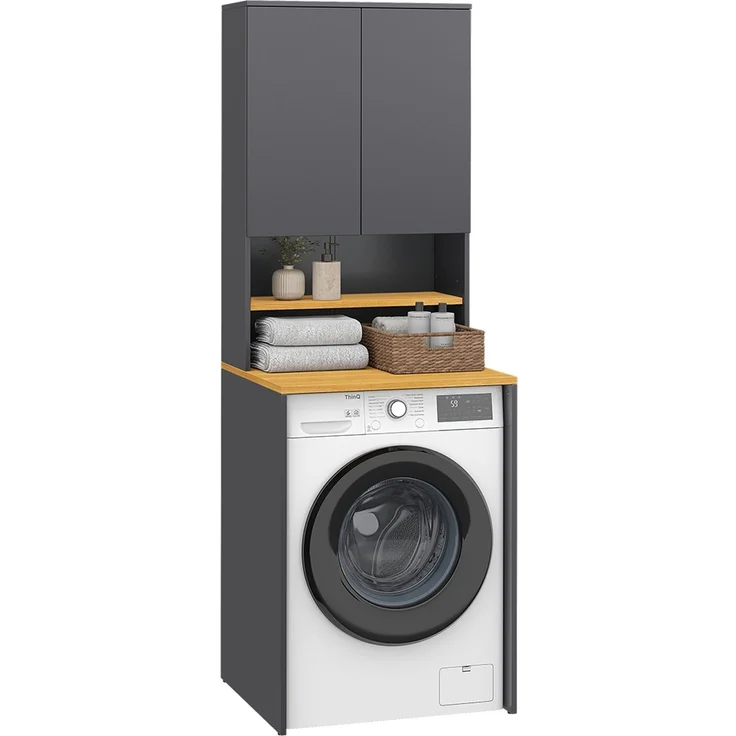 Bellamio 'Vist' Waschmaschinenschrank mit Regal und Oberschrank, Waschturm für Waschmaschine & Trockner, mit 2 Fächern und 2 Ablagen, mit Wandanschluss für Standardgeräte, Bad/HWR, Anthrazit/Eichenoptik – Bild 1