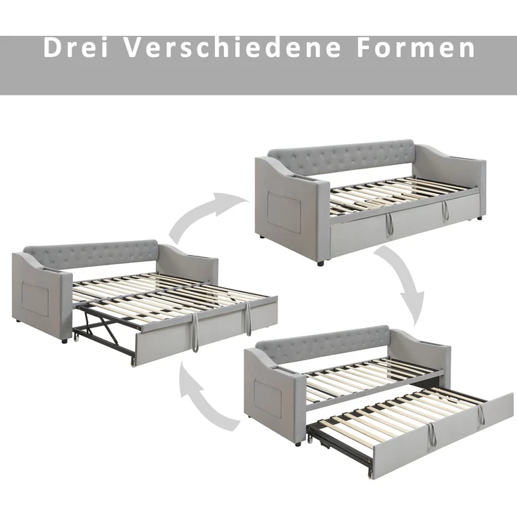 Schlafsofa Samt mit Staufächern & USB-C, 90/180x190 cm grau – Ausziehbares Kingsize Bett, hydraulisch, Sofabett – Bild 6